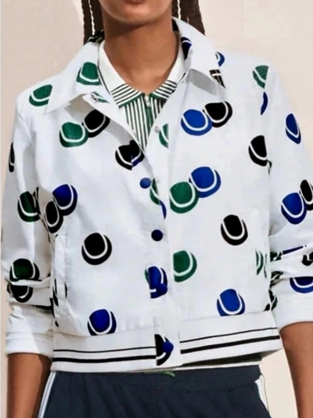 Cabi T Rally Jacket Geometric Cropped Jacket White & Blue Small NWOT